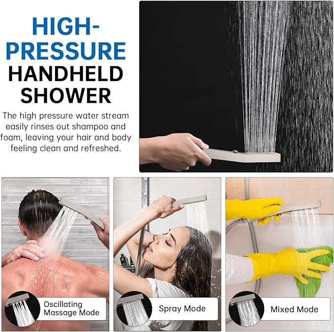 G-Promise All Metal 12 Inch Shower Head with Massage Mode Handheld, Rain Shower Head with Handheld Spray Combo, 3-Way Diverter with Pause Setting, 11 Inch Adjustable Extension Arm (Brushed Nickel)