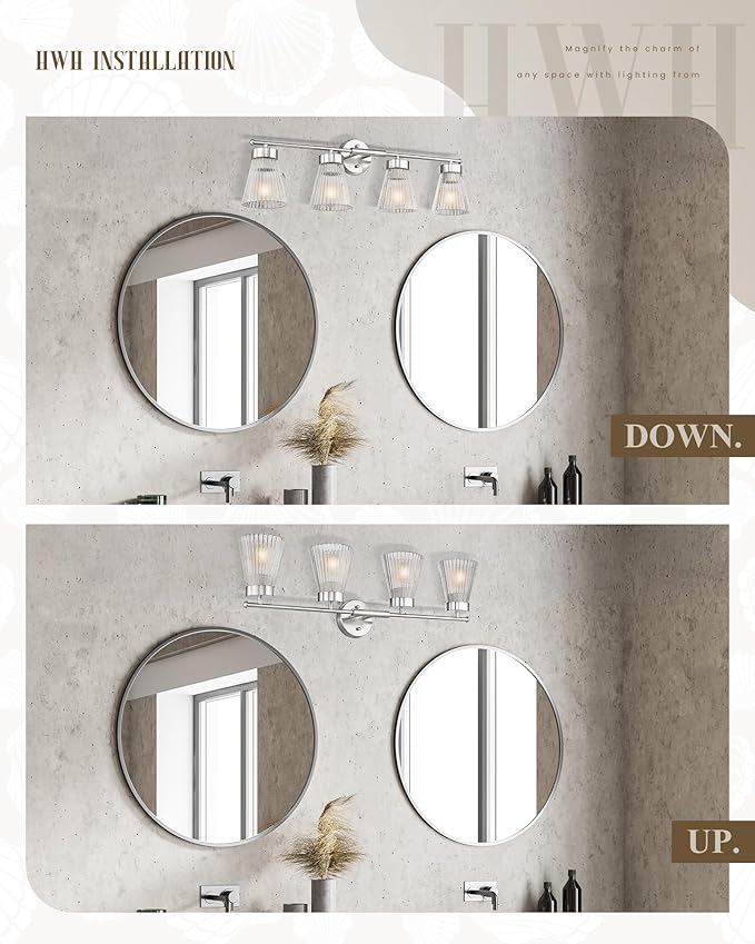 4-Light Bathroom Vanity Light Fixtures, HWH Brushed Nickel Bathroom Vanity Lighting Modern Vanity Light Over Mirror with Clear Striped Glass Shade, 5HZG97B-4W BN