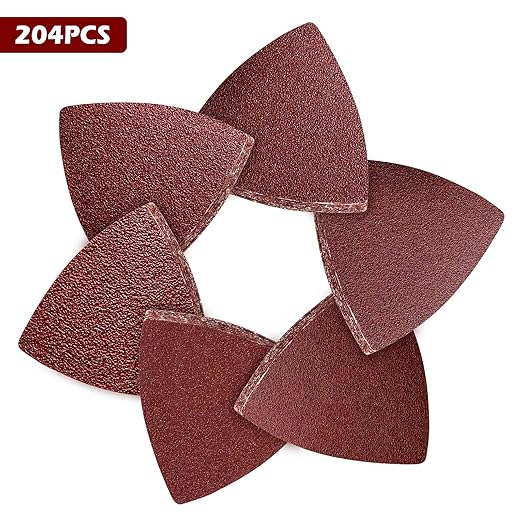 204PCS towbluii Oscillating Multitool Sandpaper, 3-1/8 Inch Triangle Sandpaper for Triangle Sanding Pads, Assorted 40/60/80/120/180/240 Grit 30pcs Each