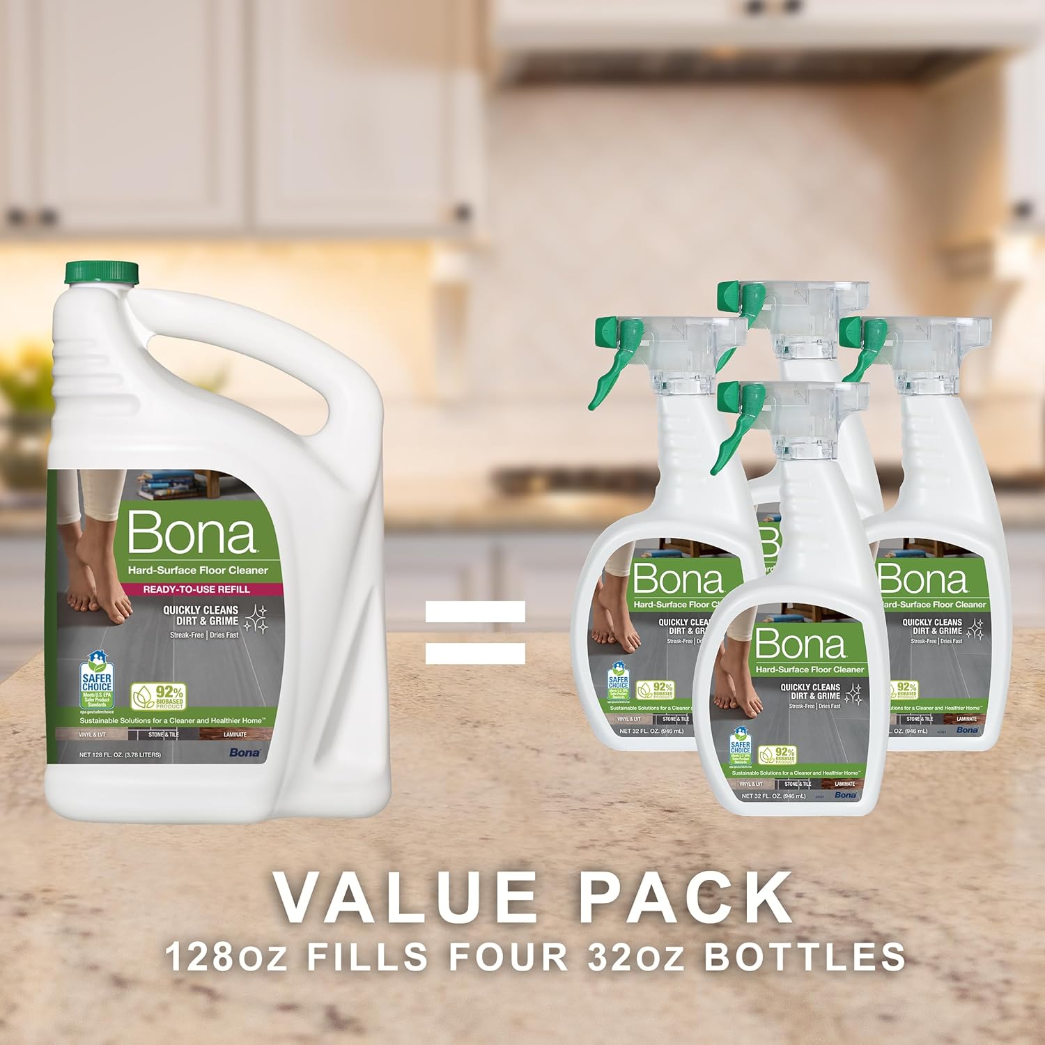 Bona Multi-Surface Floor Cleaner Refill - 128 fl oz - Unscented - Refill for Bona Spray Mops and Spray Bottles - Residue-Free Floor Cleaning Solution for Stone, Tile, Laminate, and Vinyl Floors