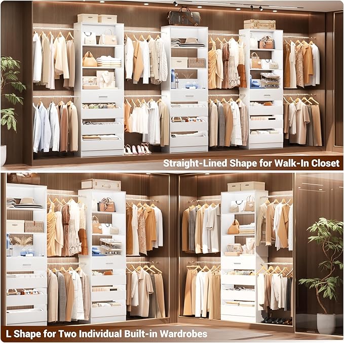 Aheaplus Closet System Set of 2, 4-9Ft Wood Closet Organizer with Drawers & Shelves, Closet Organizer System with 8 Hanging Rods, Walk-in Closets Organizer Wardrobe Closet Rack, White1
