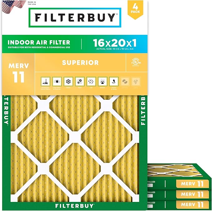 Filterbuy 16x20x1 Air Filter MERV 11 (MPR 1200) Allergen Defense Replacement (4-Pack), Electrostatic Pleated HVAC AC Furnace Filters, Made in USA (Actual Size: 15.50 x 19.50 x 0.75)