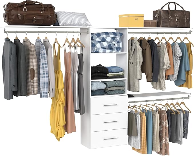ClosetMaid SuiteSymphony Modern Hanging Closet Kit Includes (1) Tower, (3) Closet Rods, (4) Shelves, (3) Top Shelves w/Brackets, and (3) Drawer, White