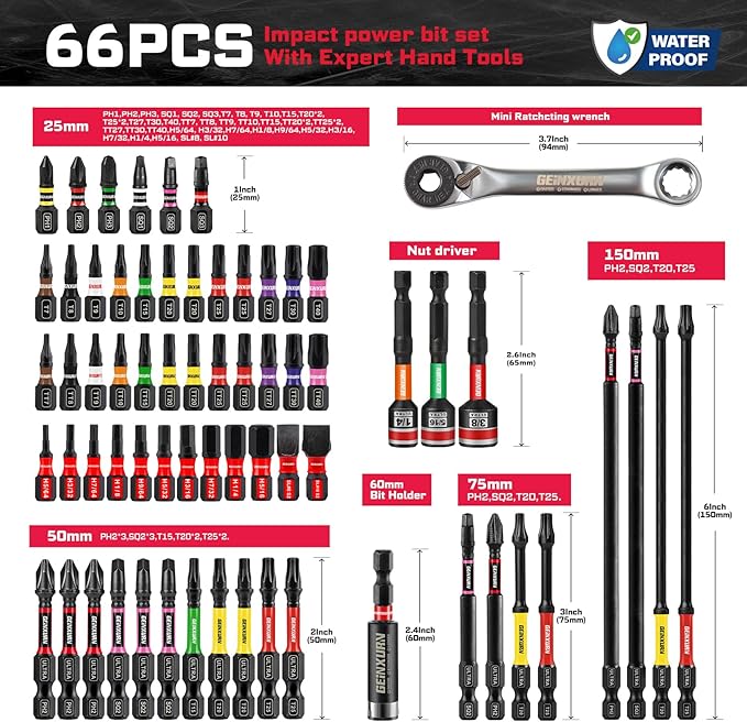 66Pcs Tools Set Packaged with Heavy-duty Tool Box, Include Impact Screwdriver Bits, Nut Driver, Mini Ratchet Wrech and Impact Bit Holder for Home Repairs DIY