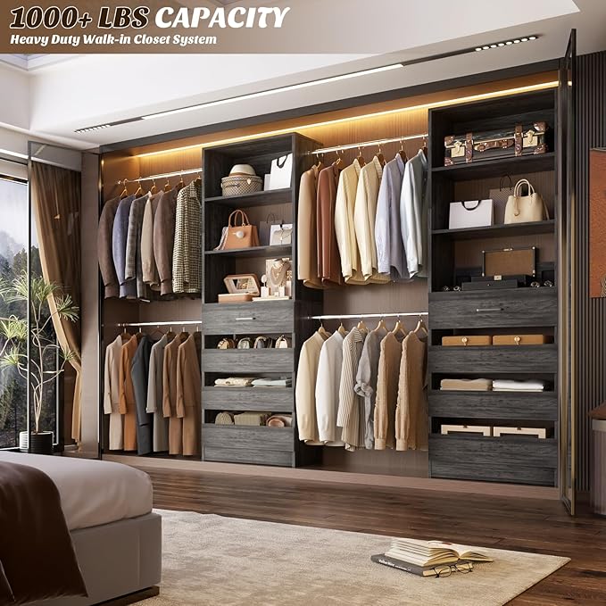 Aheaplus Closet System, 4-9Ft Organizer with 4 Wooden Drawers, Tower, Walk-in Wardrobe with 4 Hanging Rods, Black Oak