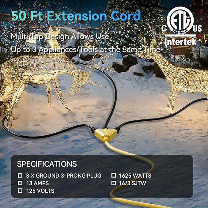 K KASONIC - 50 Ft Extension Cord with 3 Outlets, UL Listed 16/3 SJTW 3-Wire Grounded, 13A 125V 1625W for Indoor/Outdoor Use - Yellow