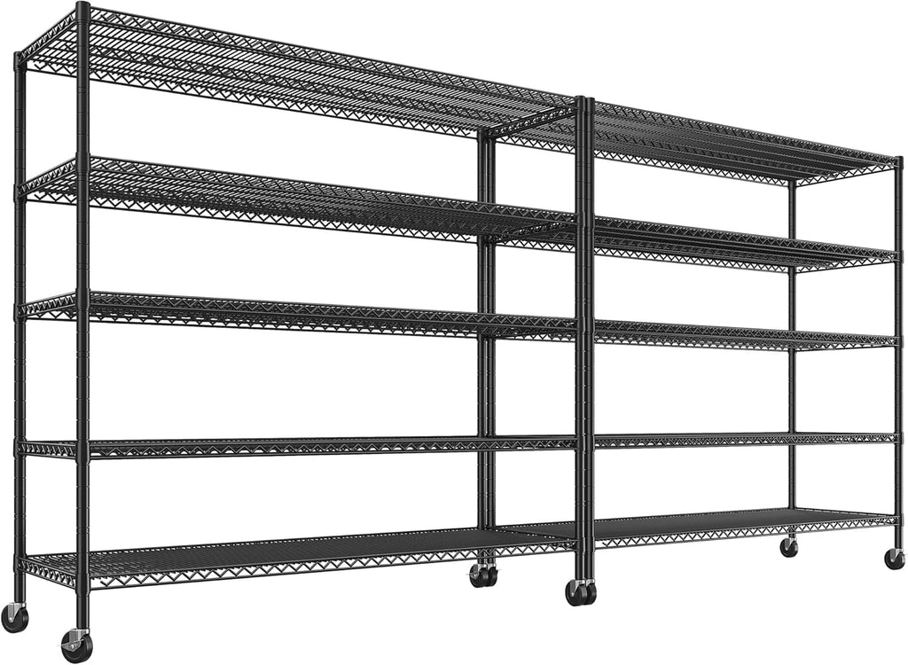REIBII 85.7" H Storage Shelves 2998LBS Metal Shelving Unit with Wheels & Feet, 5 Tier Garage Shelving Heavy Duty Adjustable Wire Shelf for Pantry Kitchen Garage, 85.7" H X 55.5" W X 24.2" D, 2PCS