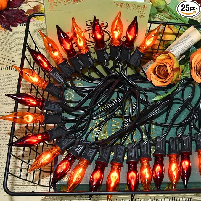 27.78 FT Halloween Ligths, C7 Clear Orange and Purple Flickering Flame String Lights Outdoor, E12 Screw Base, Flame String Lights for Fall Decor Halloween Decorations Outdoor Indoor Home Patio Party