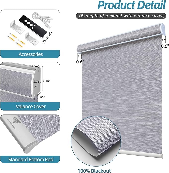 SmartWings Motorized Roller Shades Work with HomeKit, 100% Blackout Window Shades, Cordless Wireless Remote Control Roller Blinds for Smart Home and Office, Essential Grey, Customized Size