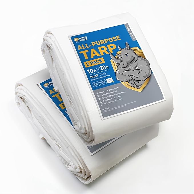 GUARD SHIELD Tarps Heavy Duty Waterproof 10x20 Feet White Poly Tarp Cover Outdoor Thick UV Resistant Tarpaulin with Grommets 10mil (2-Pack)