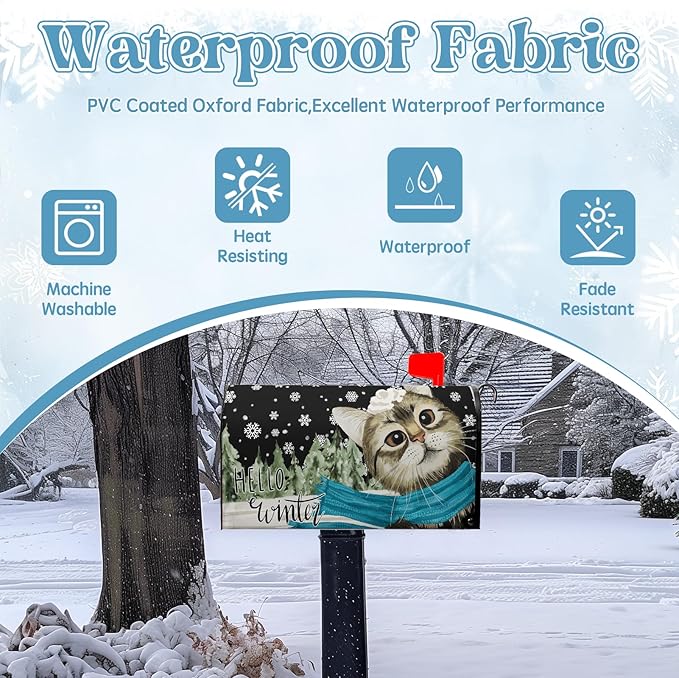 Hello Winter Cat Magnetic Mailbox Covers Standard Size 21x18 Inch Snowflakes Pine Tree Post Box Mailbox Wraps Cute Cat Cover Outdoor Decor for Garden Yard