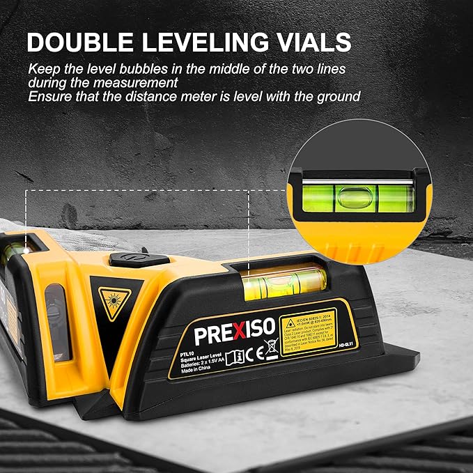PREXISO Square Laser - 30Ft Flooring Laser Level, Tile Laser Line Projection, Angle 90° Magnetic Leveling Tool, Square Built-In 2 Bubble Vials With Wall Panel Stand for Installation, Construction