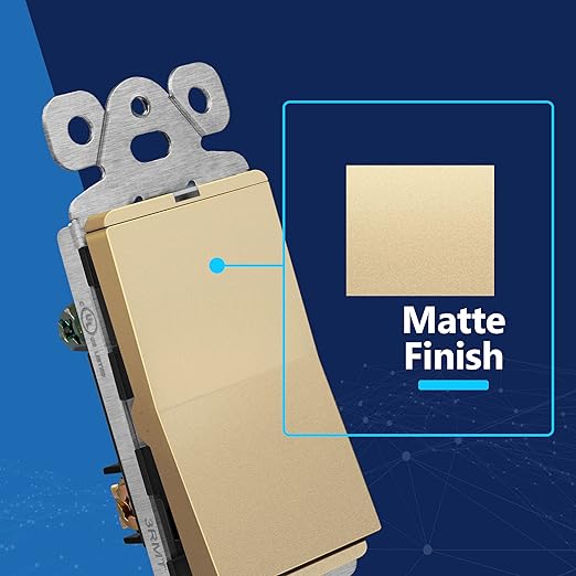 LIDER Minimalist Design Matte Finish Lighted Decorator Switch with Screwless Wall Plate, Frameless Paddle Light Switch with Locator Light, 3-Way, Grounding Screw, 15A 125V, UL Listed, Gold