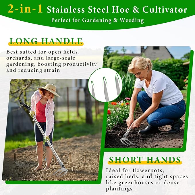Garden Hand Cultivator Rake: 65" Long Handle Hoe Garden Tool with Ergonomic D Grip, Heavy Duty Iron 3-Tine Tiller Rakes for Gardening,Cultivating, Planting, Digging, Weeding