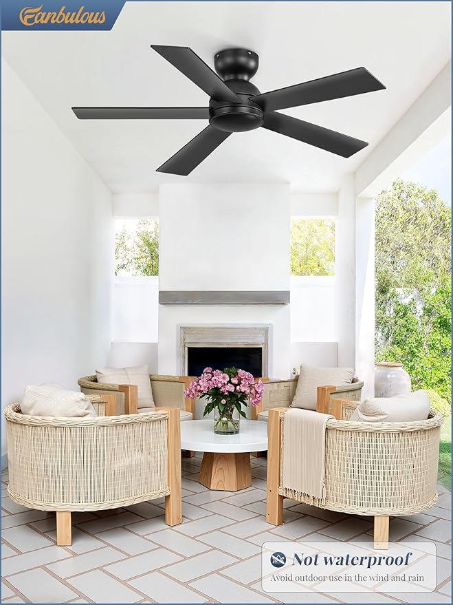 42 Inch Flush Mount Ceiling Fans without Lights, Small Black Ceiling Fan with Remote, 6-Speeds, Quiet Reversible DC Motor, Indoor/Outdoor Ceiling Fan for Patio, Living Room, Bedroom