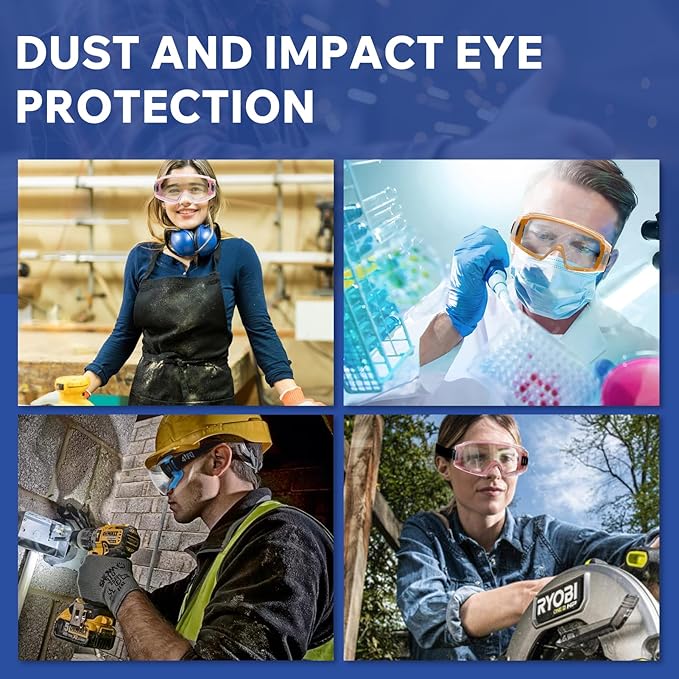 Anti Fog Safety Goggles Over Glasses, ANSI Z87.1 Certified Eye Protection for Chemistry Lab Work & Industrial Use - Wide Vision Clear Lens - Extreme Impact Resistance - Adjustable Strap (2 Pack)