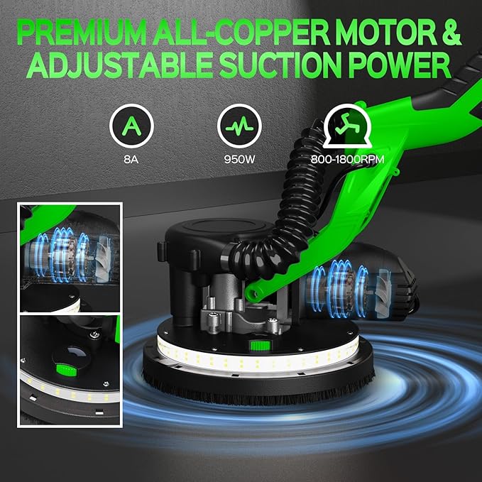 Drywall Sander, 2025 Upgraded 8-Amp Popcorn Ceiling Removal Tool with 7 Variable Speed 800-1800RPM, Drywall Sander with Vacuum Dust Collector with Extendable Handle, LED Light, 12pcs Sanding Discs