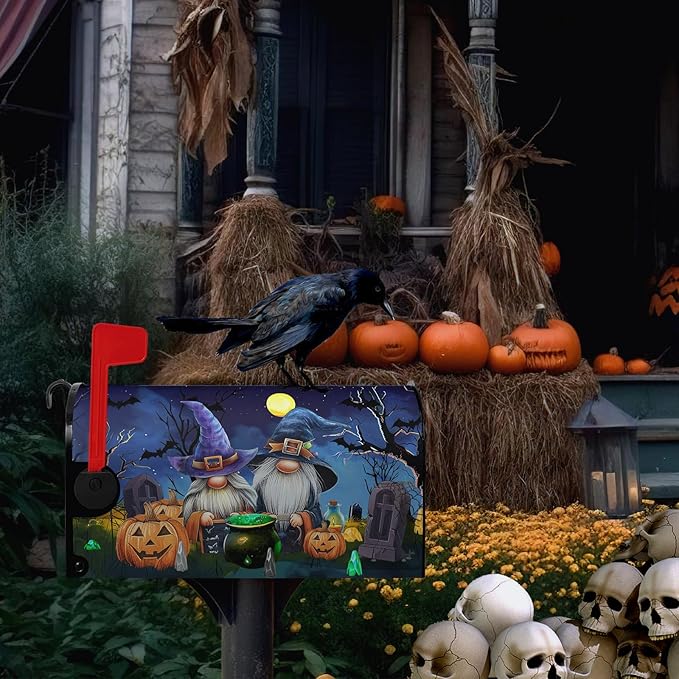 Halloween Pumpkins Magnetic Mailbox Covers Standard Size 21x18 Inches Gnome Halloween Moon Night Mailbox Wraps Letterbox Covers Garden Yard Home Decor for Outdoor