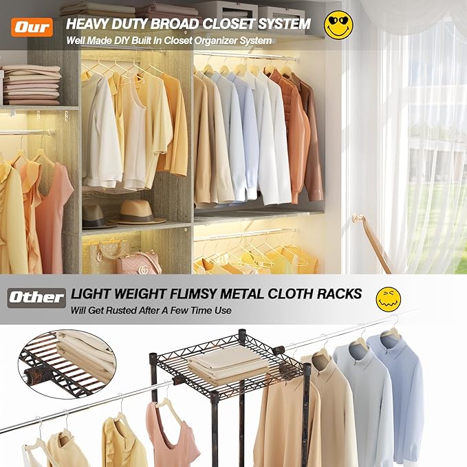 Armocity 96'' Closet System, 8FT Walk In Closet Organizer with 3 Shelving Towers, Heavy Duty Bedroom Wardrobe with 5 Shelves, Wall Mounted Clothes Rack (Can Be Cut To Fit), 96"L x16"W x75"H, White Oak