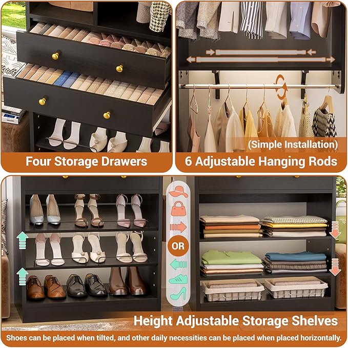 10FT Closet System with 4 Drawers, 120" Closet Organizer System with 6 Hanging Robs & Reversible Hanging Shelving, Closet Systems for Walk-in Closets, Load 2000+LBS, Black 2 Pack