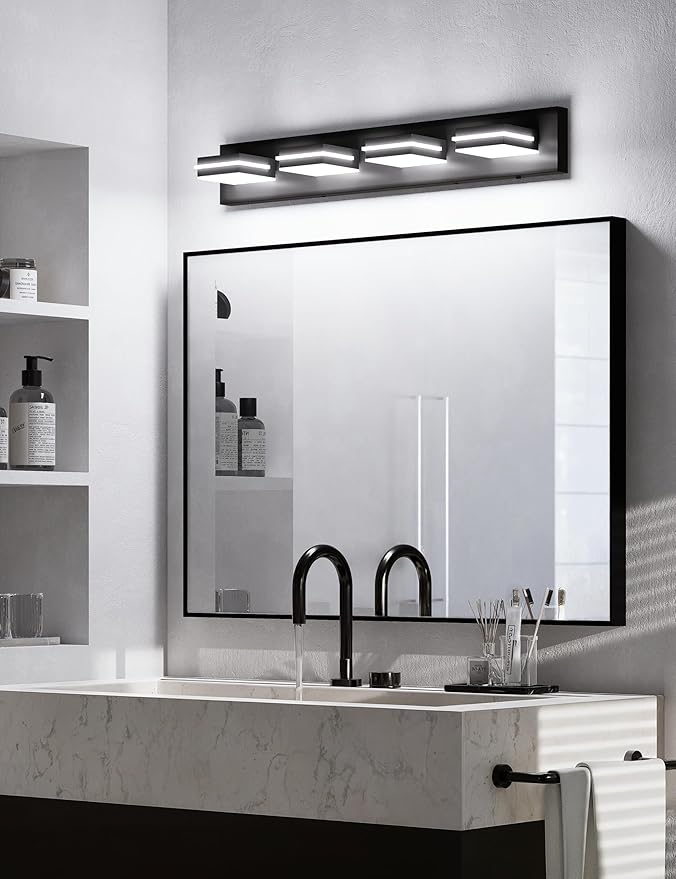 VOLISUN 4 Light Bathroom Vanity Light Fixtures,30 inch Black LED Bathroom Lighting Fixtures Over Mirror, 360°Rotatable Head, LED Vanity Lights for Bathrooms (6000K)