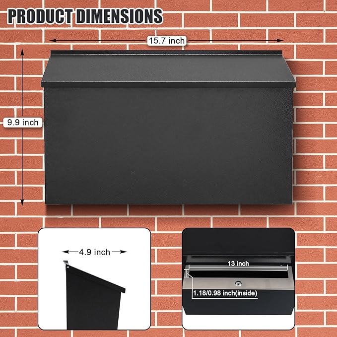 KYODOLED Locking Wall Mount Mailboxes for Outside, Large Capacity Mail Box for House with Key Lock, Security Drop Box, Metal Post Box for Home, Office Decorative,15.7 * 9.9 * 4.9in