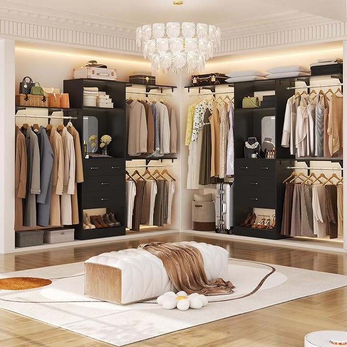 Unikito 8FT Closet System with 4 Drawers, 96" Wood Closet Organizer with Mirror and Hanging Rods, Sturdy Walk in Wardrobe Closet Insert with Tower, 96" W x 16" D x 80" H (Can Be Cut To Fit), Black