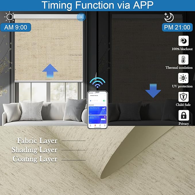 Motorized Blinds with Remote Cordless Automatic Motorized Shades Custom Blinds for Windows Smart Curtains Compatible with Alexa Google Home(Blackout Linen Soft Dunes,W24 x H72in)