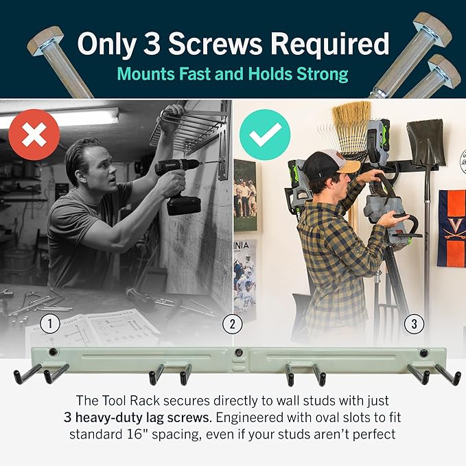 StoreYourBoard Wall-Mounted Rack With 4 Garage Hooks – Heavy-Duty Steel Holder Garage & Garden Storage for Shed, Workshop, or Home Organization – For Rakes, Shovels, Tools & More – 1 Pack, Cactus