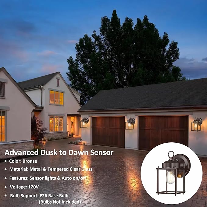 GRUENLICH Dusk to Dawn Outdoor Wall Lantern, Exterior Wall Sconce Light Fixture, Outside Porch Lighting with Clear Glass for House, Patio, Bronze, 4 Pack
