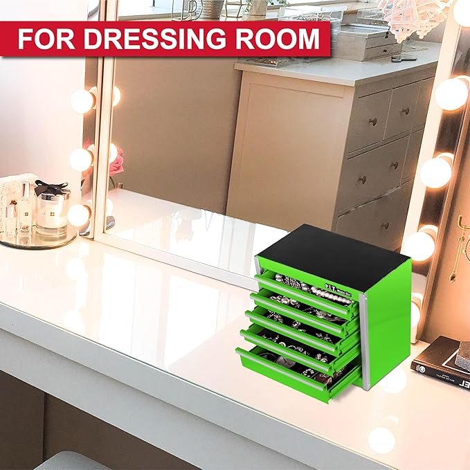 P.I.T. Mini Green Tool Box, Portable 5-Drawer Micro Roll Cab Steel Tool Box with Liner, Green Small Tool Case for Tools Storage, Home DIY