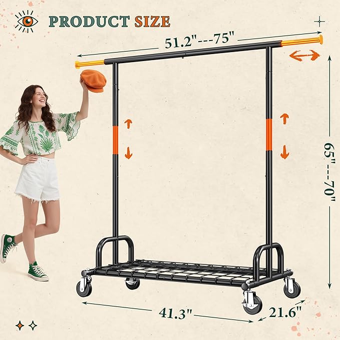 Raybee Heavy Duty Clothes Rack, Clothing Racks for Hanging Heavy Clothes 200+, Rolling Clothing Rack Load 485 LBS, Extendable & Adjustable Portable Commercial Garment Rack with Wheels, Black