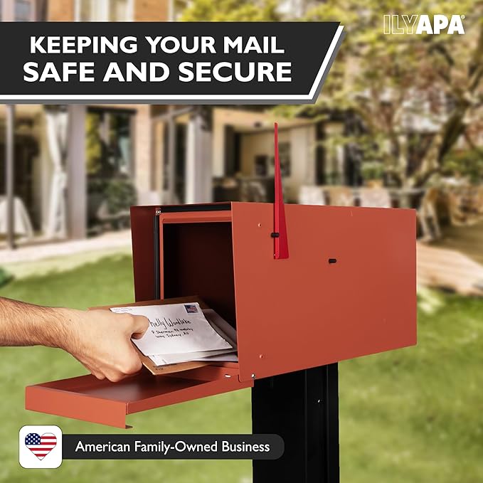 Ilyapa Modern Mailbox for Outside Post Mount - Terracotta Heavy Duty Powder Coated Metal Mailbox, Waterproof Letter Box for Parcels