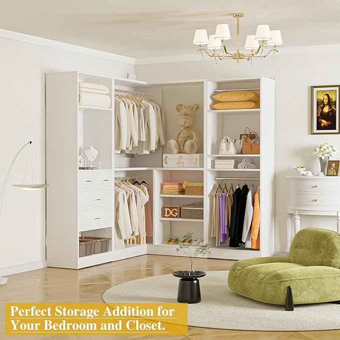Unikito 86” Closet System, Large Corner Closets Organizer with Hanging Rods and Mirror Design, Freestanding Adjustable Wood Clothes Garment Rack with Drawers, Sturdy Walk in Closet Tower, White