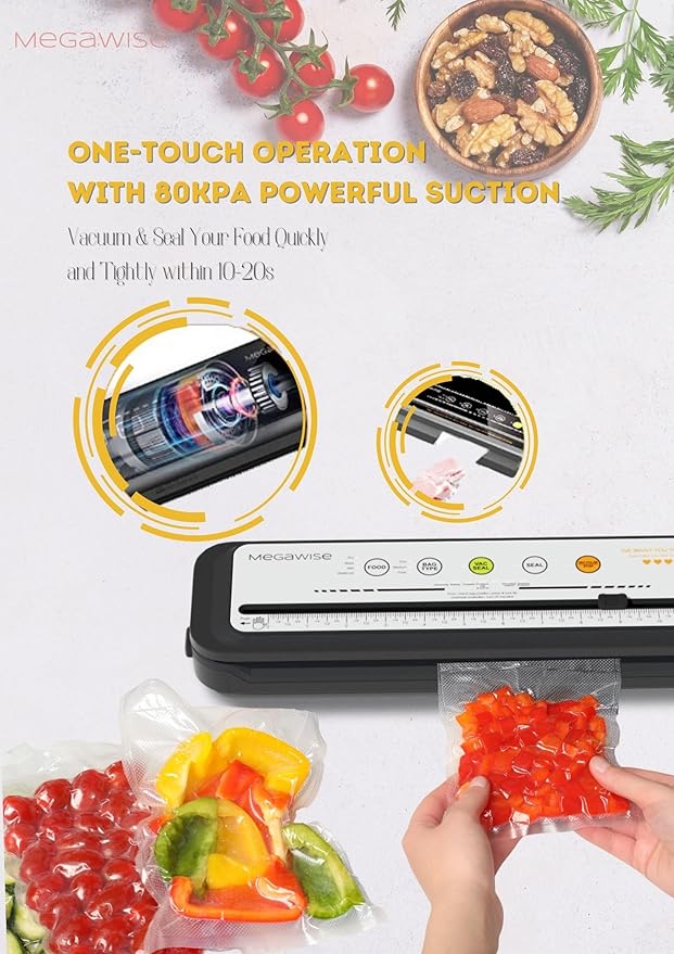 MEGAWISE Food Vacuum Sealer Machine with Built-in Cutter – 80kPa Suction, One-Touch Operation, 4 Food Modes, Compact Design (Silver)