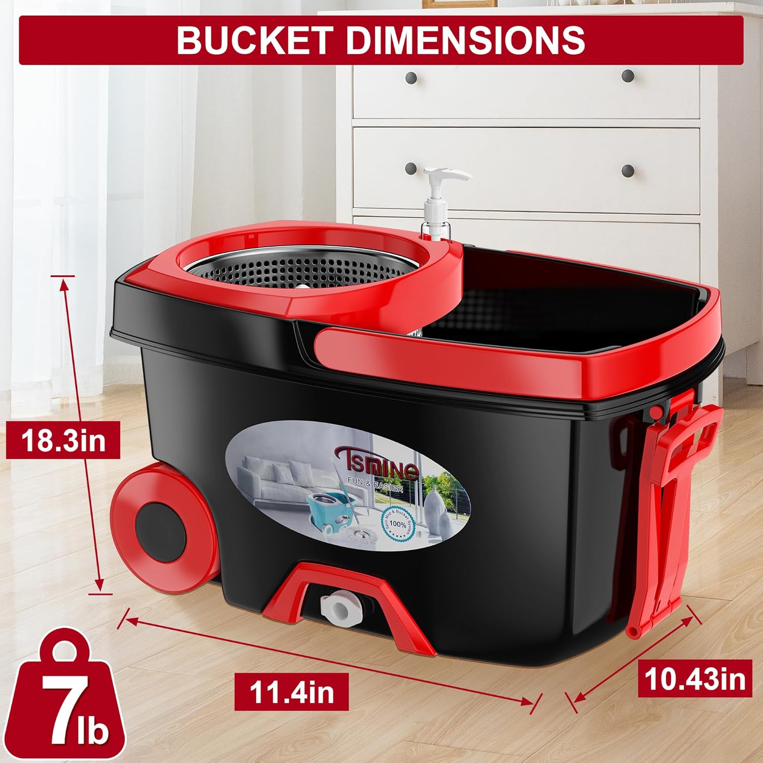 FunClean 360° Spin Mop and Bucket Set with Wringer, 4 Extra Microfiber Heads, 61" Extended Handle for Effortless Floor Cleaning, 2X Wheel Design - Black