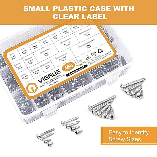 VIGRUE 460pcs Pan Head Philips Wood Screws, 4,#6,#8,#10,#12, 304 Stainless Steel Self Tapping Screw Assortment kit
