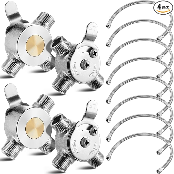 4 Pcs 3/8" Manual Mixing Valve Hot Cold Water Temperature Mixer Thermostatic Mixing Valve for Home and Bathroom Below Deck to Adjust Water Temperature, 8 Braided Faucet Connector Included