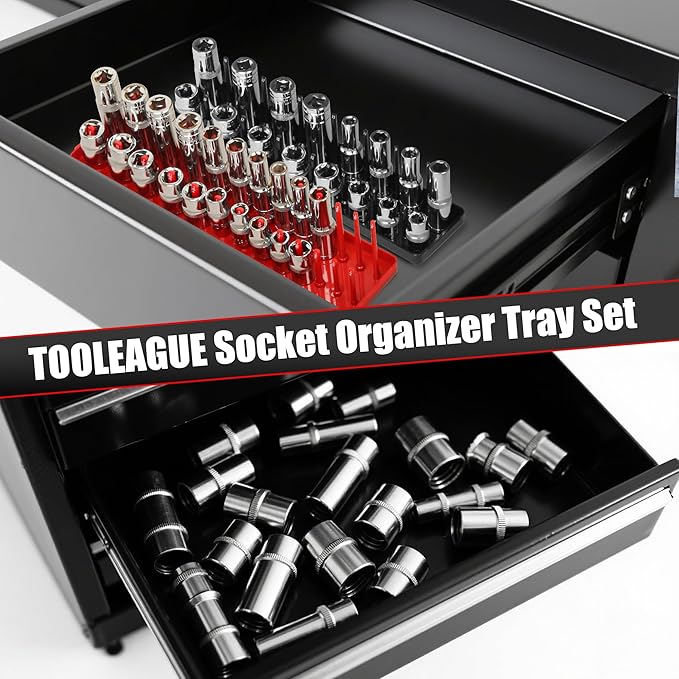 TOOLEAGUE 7Pcs Socket Organizer Tray and Magnetic Wrench Holder Set,Red SAE & Black Metric, 1/2", 1/4", 3/8" Socket Storage Trays for Tool Box Drawer