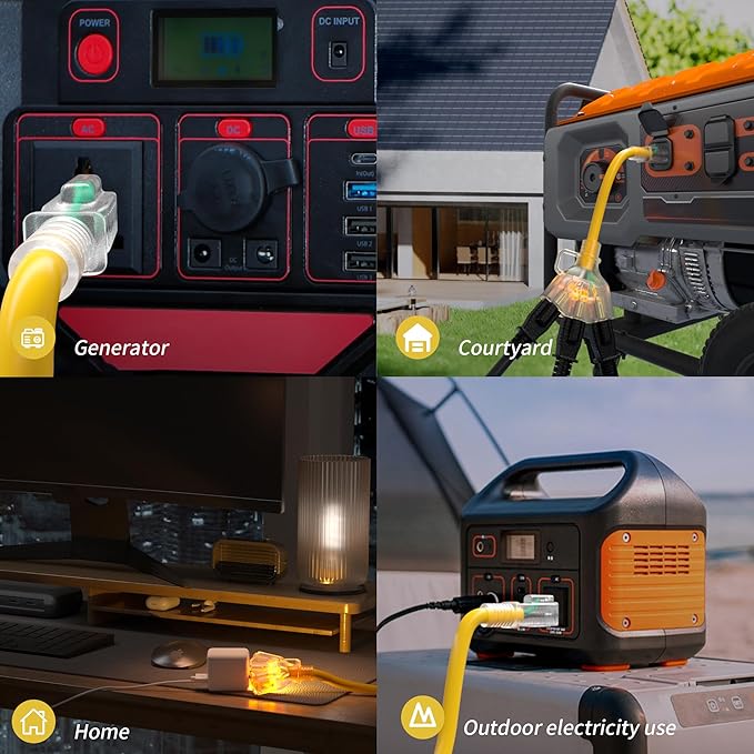 15 FT 12/3 Gauge Outdoor Extension Cord with Multiple Outlets Light Indicator, Flexible 3 Outlet Weatherproof Heavy Duty Extension Cord Waterproof Yellow, 15A 1875W 12AWG SJTW, ETL Listed.