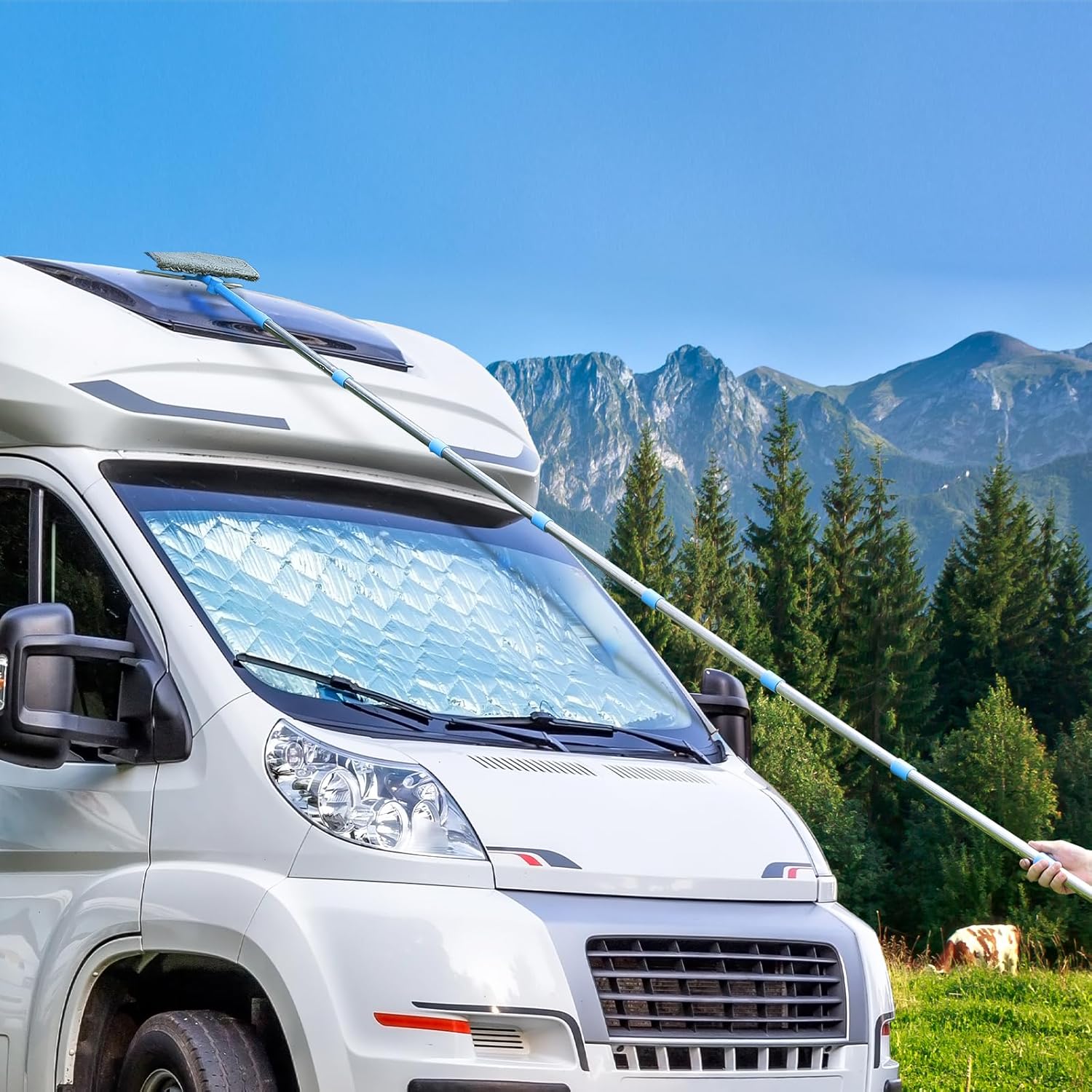 15 Feet High Reach Window Squeegee with Extension Pole(10Ft), 2-in-1 Window Cleaner Tool, Window Washing Kit, Long Window Cleaning Equipment for High Indoor Outdoor Windows Car RV Windshield