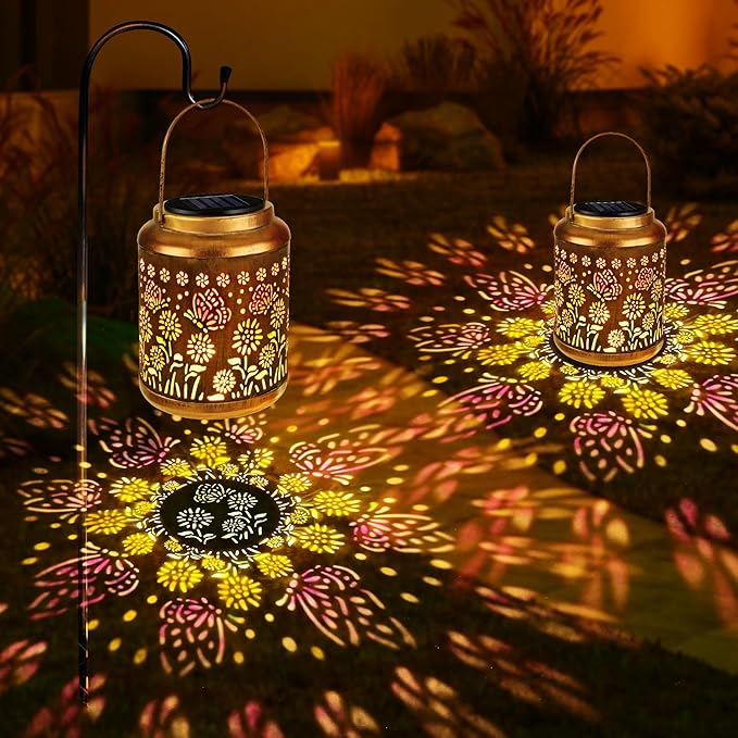 Brizled Butterfly Solar Lantern Lights with Colorful Projection, Christmas Birthday Gifts for Women Mom Grandma, Multicolor Hanging Lights Outdoor Waterproof, Solar Lantern Lights for Garden Patio
