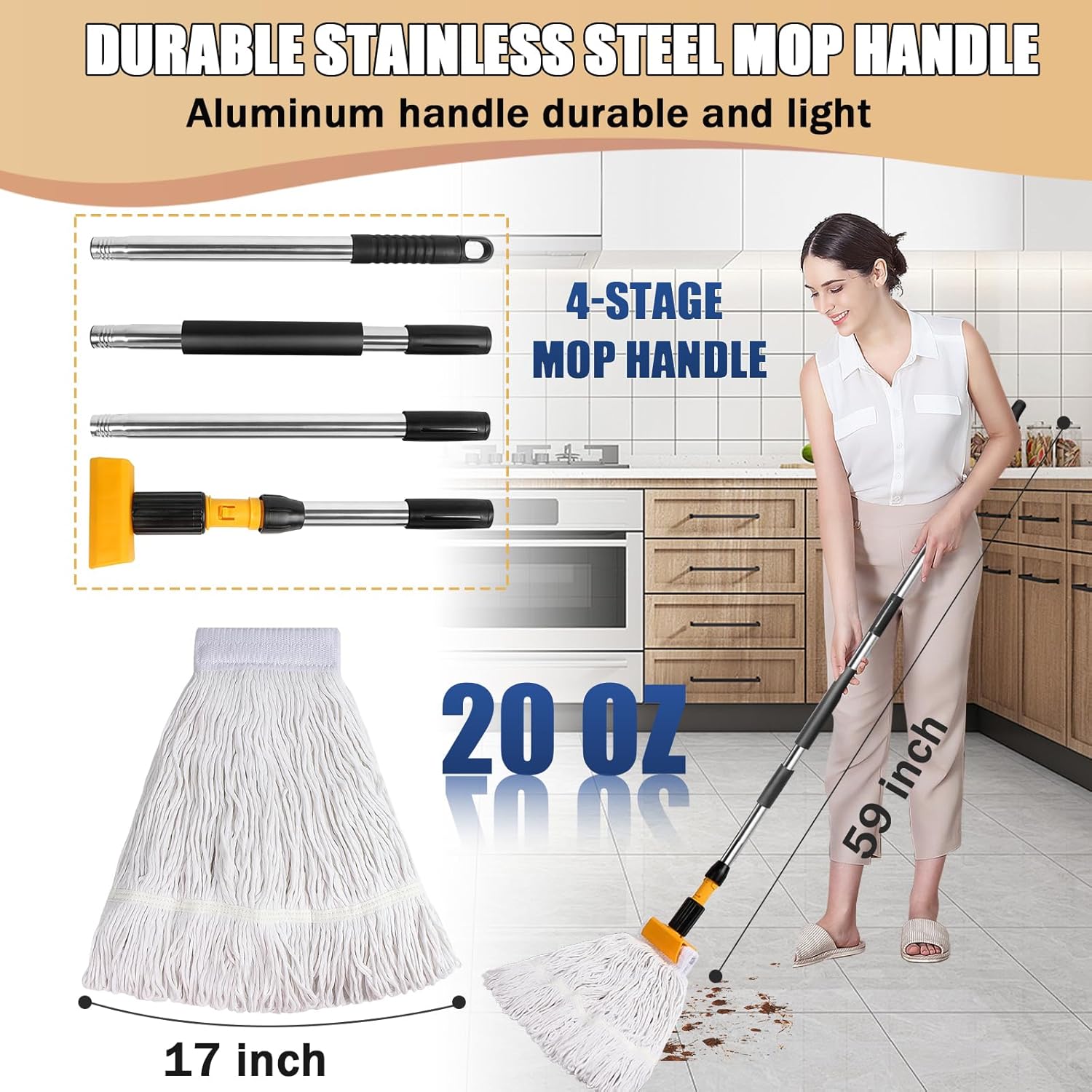 2 Pack 20oz Heavy Duty Commercial Industrial Cotton Mop Replacements Head with Long Handle, Loop-End String Wet Mop Refills, Applies to Garage, Workshop and Warehouse Floor Cleaning