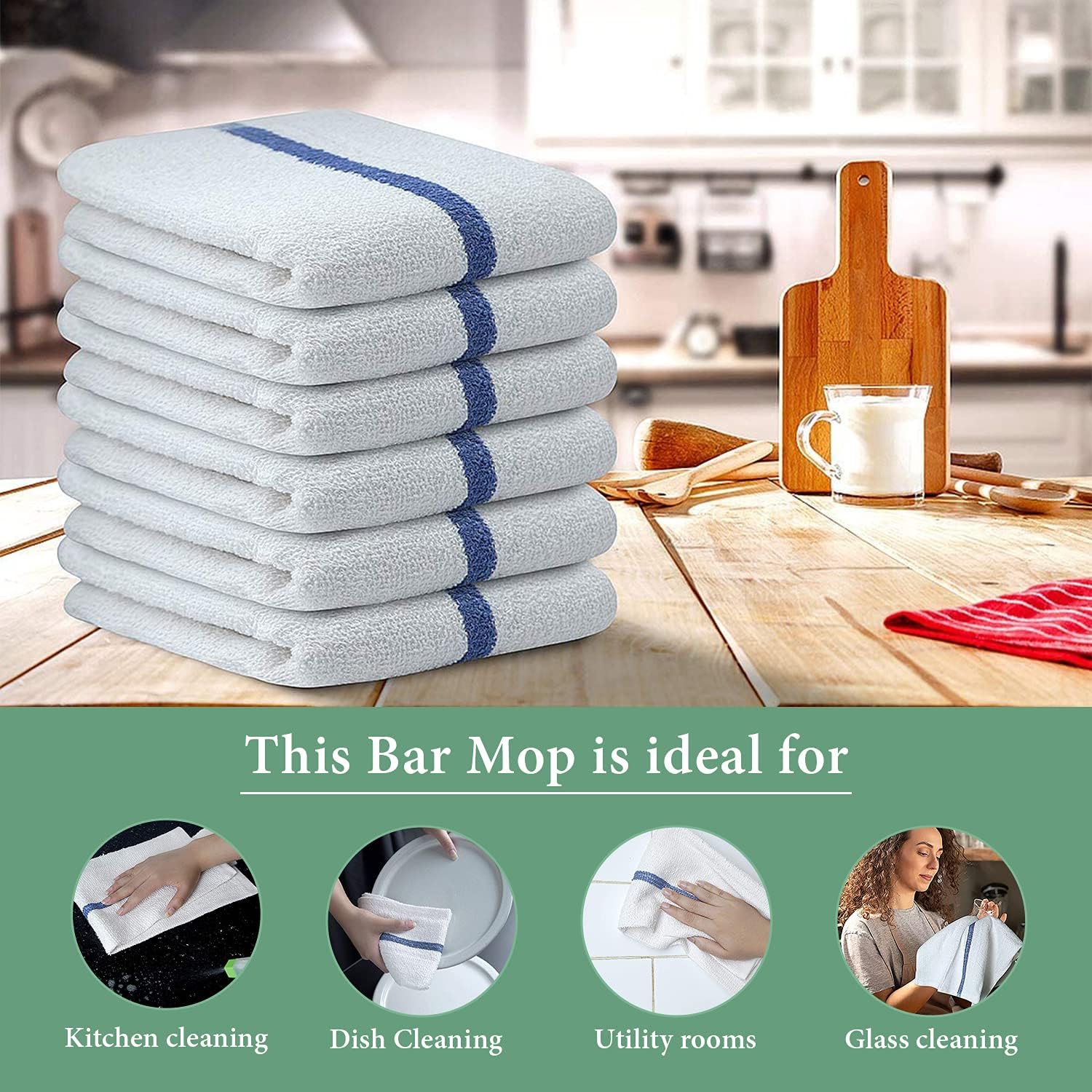 Bar Mop Blue Stripe 6 lbs 16x19 Pack of 36, 100% Cotton Double Stitched Route Ready Absorbent Kitchen Towel Dish Towels and Dishcloths Towels Sets Washcloth Kitchen Towels