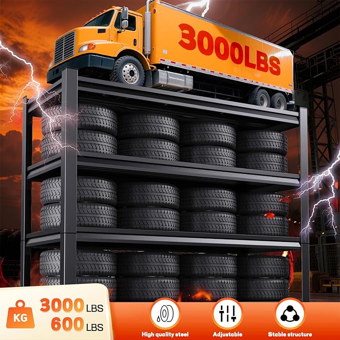 72 ”H Garage Shelving Heavy Duty, Garage Storage Shelves 3000LBS Industrial Shelving Unit, Adjustable Metal Shelving, Steel Garag Organizer, Rack Shelf for Basement, 72 ”H×46”W×20”D