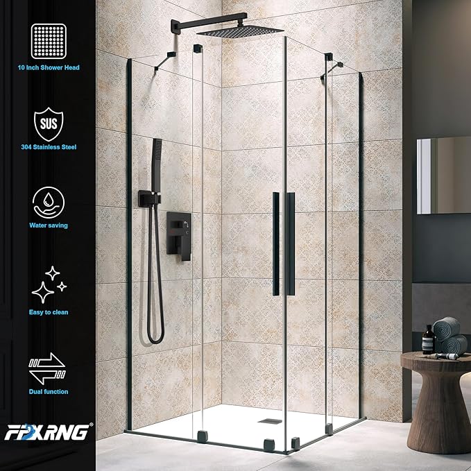 Black Shower Faucet Set, Rainfall Shower System with Square Shower Head and Handle Set, Wall Mounted Shower Fixtures, Full Metal Trim Repair Kit 12 inch Matte Black (With Shower Valve)