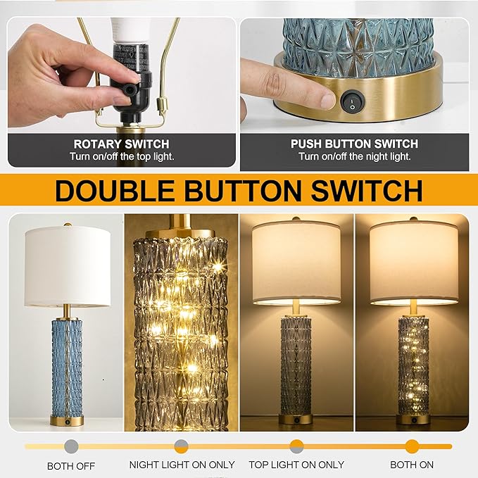 Oneach 27.75” Table Lamps Set of 2, Blue Modern Bedside Lamp with LED Night Light, USB A+C, Glass Lamps for Living Room, Bedroom, Nightstand, Office, End Table (2 Bulbs Included)