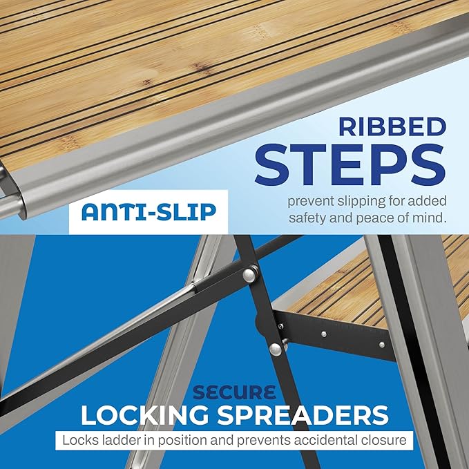 Step Ladder 2 Step Folding, Decorative - Beautiful Bamboo & Silver Aluminum, Ultra Slim Profile, Anti Slip Steps, Sturdy-Portable for Home, Office, Kitchen, Photography Use,by SORFEY