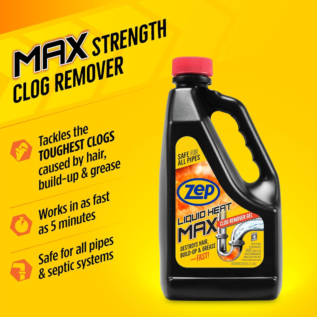 Zep Liquid Heat Max Clog Remover Gel - Destroys Hair, Build-Up & Grease - 64 oz.