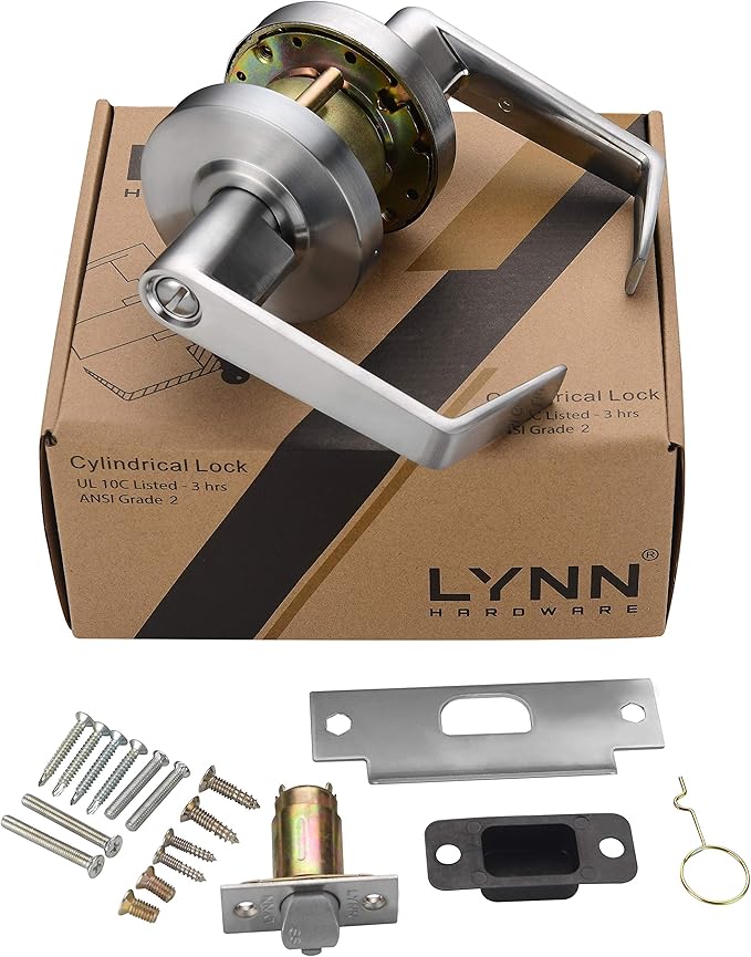 LYNN HARDWARE Commercial Door Lever Lock - Heavy-Duty Locking Door Handle, Designer Door Handles, Cylindrical Lever Lock, Non-Handed Grade 2 Door Handle, Satin Chrome, Privacy/Bathroom Function